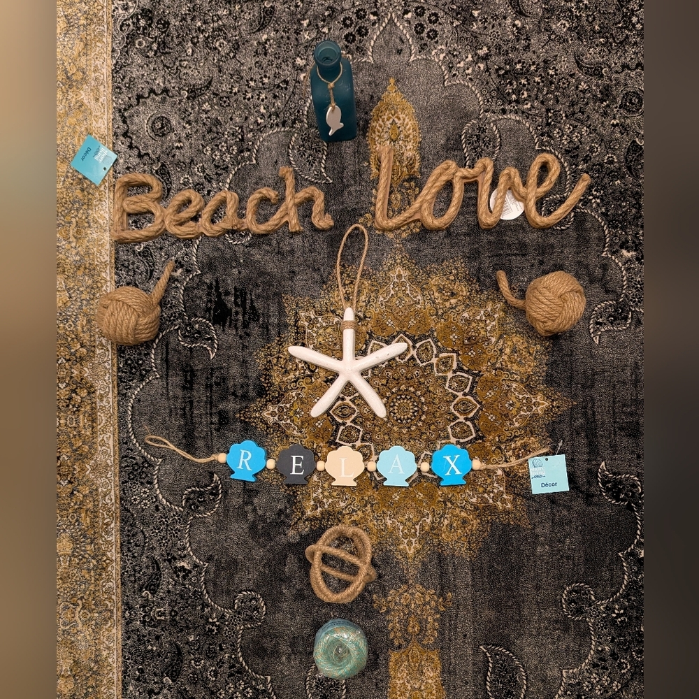 BN Beach Love Decor with Starfish Relax Sign Nautical Pieces Jar Blue White Tan